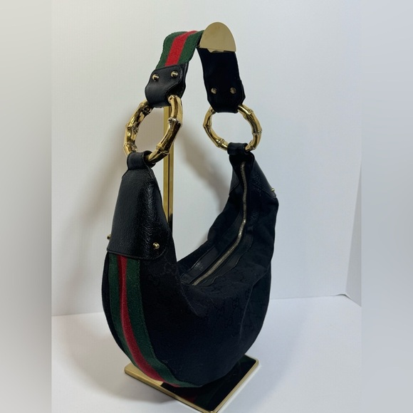 Gucci Handbags - AUTHENTIC Gucci Black Crescent Bag w/Green & Red Stripe & Gold Bamboo Rings